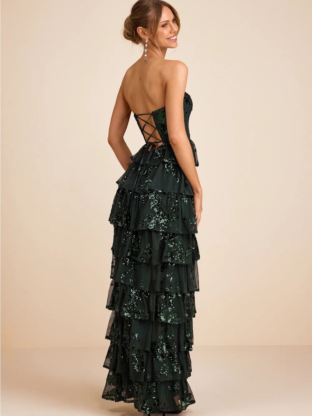 Lulu's Strapless Emerald Sequin Ruffle High-Low Gown - Picture 3 of 4